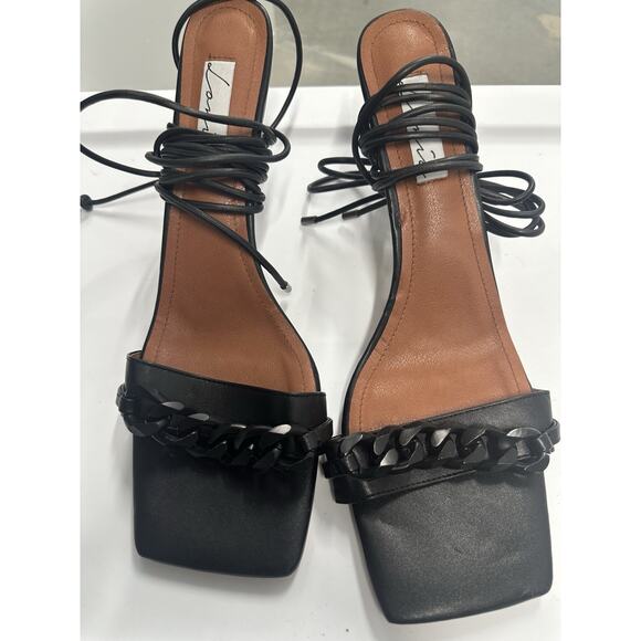 Lonia Black Vegan Leather Open Toe Chain Tie Up Ankle Strap Sandal, 13 - Picture 1 of 11
